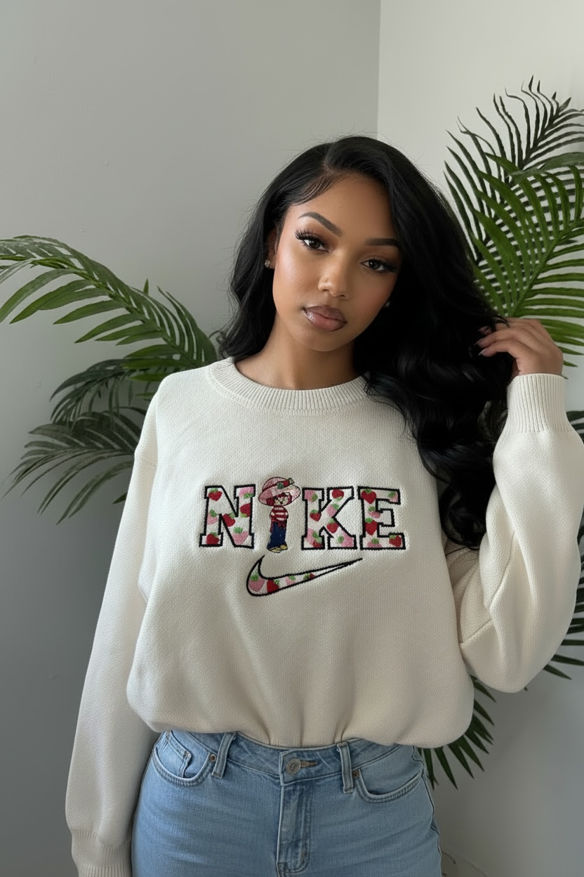 Strawberry Shortcake Nike Logo Embroidered Design Cropped Sweater Crewneck