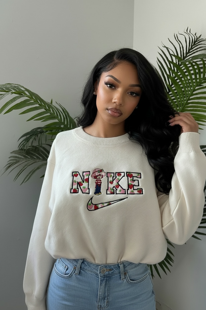 Strawberry Shortcake Nike Logo Embroidered Design Cropped Sweater Crewneck