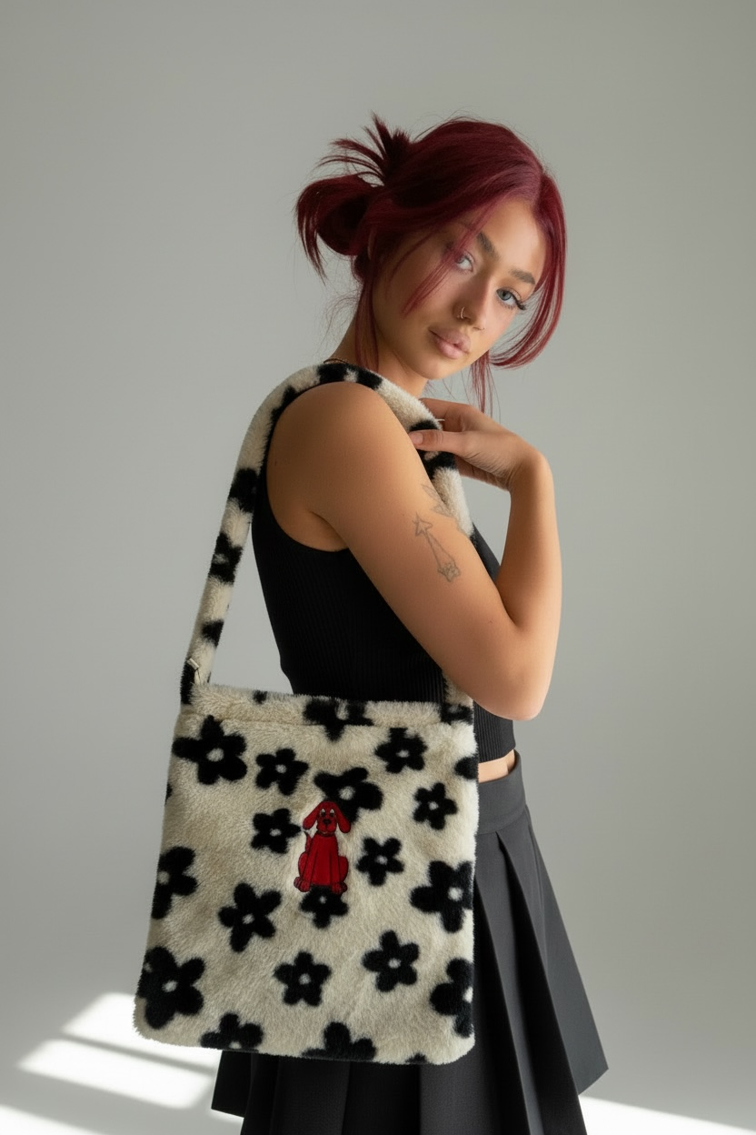 Clifford The Big Red Dog Embroidered Black&White Floral Bag