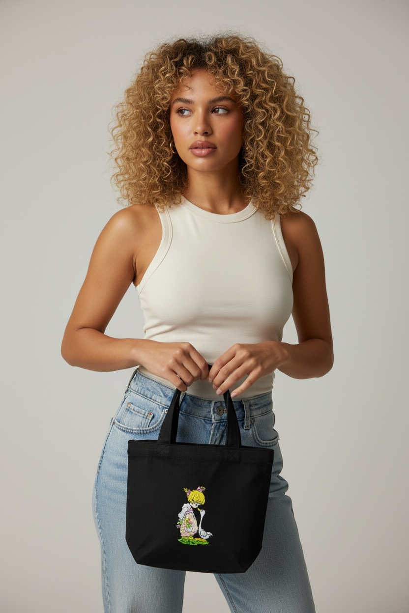 Embroidered Precious Moments Mini Tote Hand Black Bag
