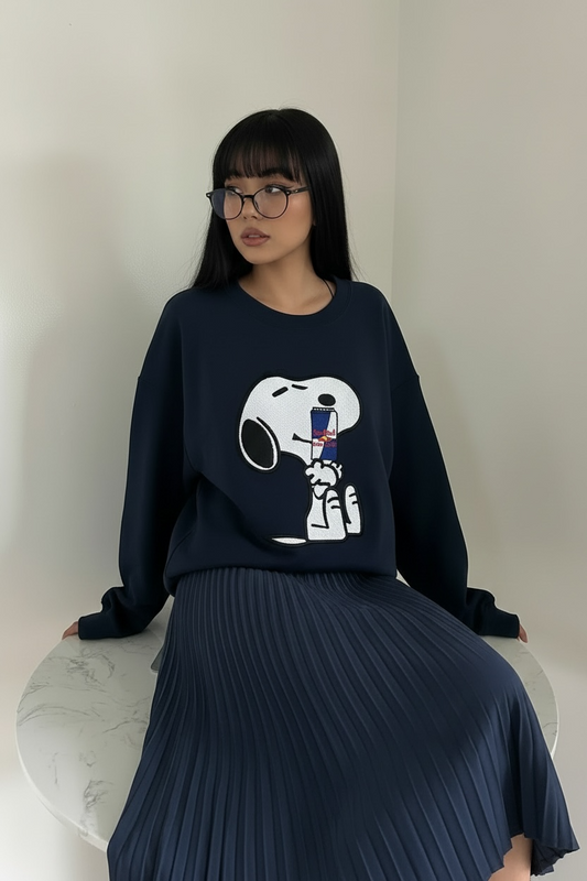 Embroidered Snoopy Red Bull Crew Neck Sweatshirt